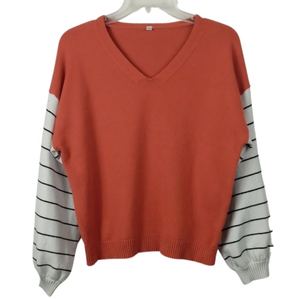 Shein Orange and White V-Neck Drop Shoulder Sweater